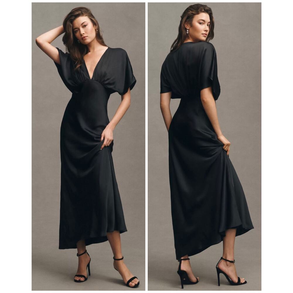 BHLDN Amelia Deep-V Neck Plunge Flutter Short Sleeve Satin Maxi Dress Gown US10 - Picture 14 of 15